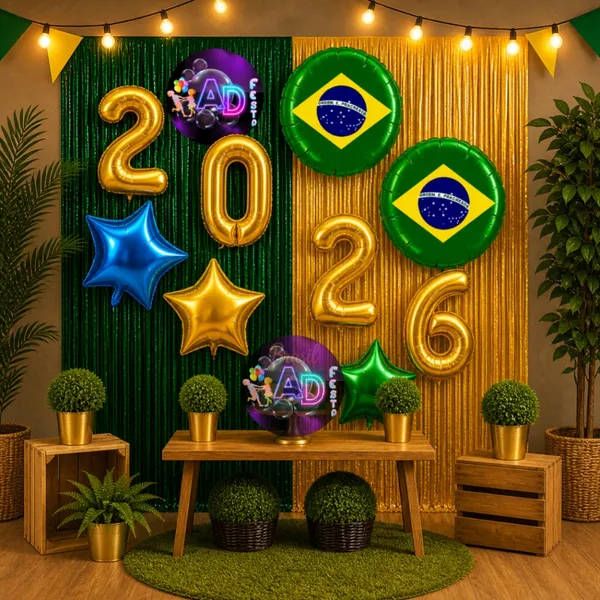 Kit Decoração, 2 Cortinas + 2 Balão Brasil 45cm + Balão 2026 + Balões Estrela, Copa do mudo 2026 Kit Completo, Hexa