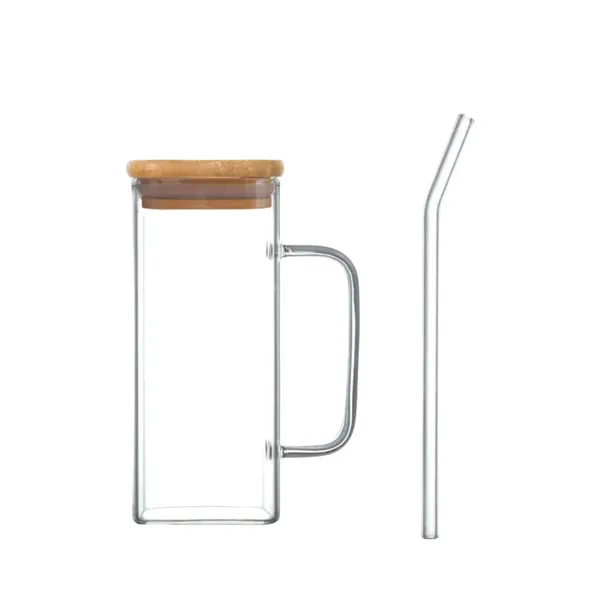 CANECA DE VIDRO 400ML C/TAMPA DE BAMBU E CANUDO REUTILIZÁVEL WOLFF