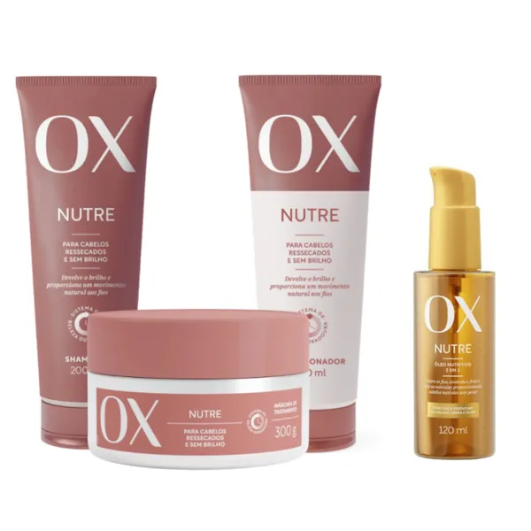 Kit OX Nutre — shampoo, condicionador, máscara e óleo