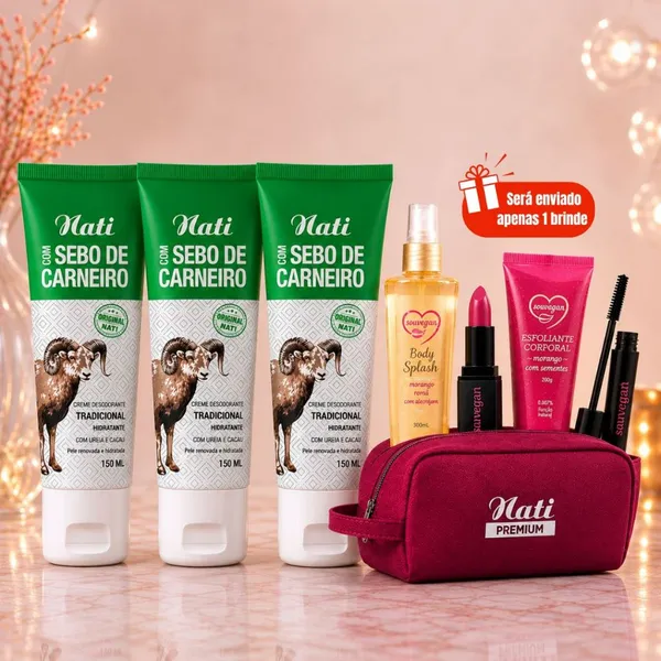 Kit 3 Gel Sebo de Carneiro Hidratante Pele Renovada Nati Corporal Pés + Necessaire Brinde 150mL