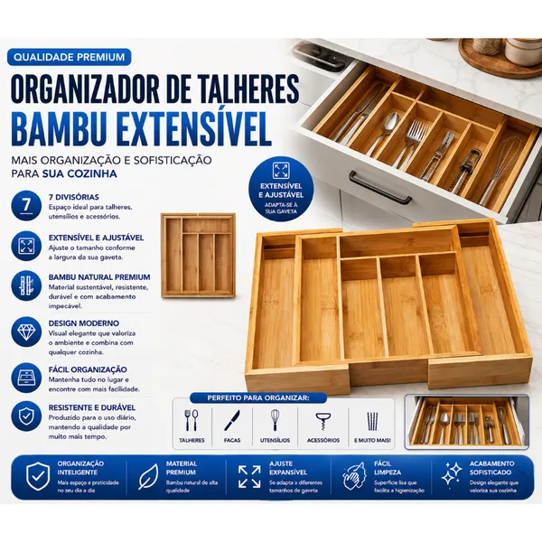 Porta Talheres Gaveta Bambu 7 Divisórias Extensível Ajustável  Organizador  Talheres Madeira