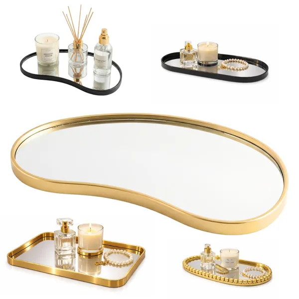 Bandeja Orgânica Decorativa Espelhada Dourada Multiuso Banheiro Lavabo Sala Preta Porta Maquiagem