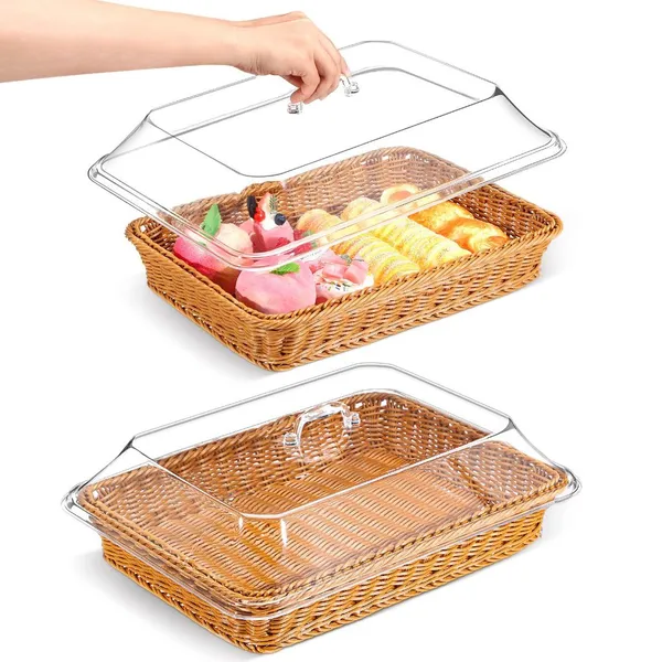 Cesta de pão de vime de imitação tecida à mão com tampa, cesta de armazenamento de escorredor frutas