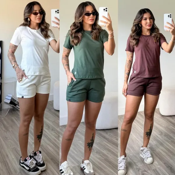 kit 3 conjunto feminino short feminino de moletom camiseta básica feminina blusa mais short de bolso blusa gola o