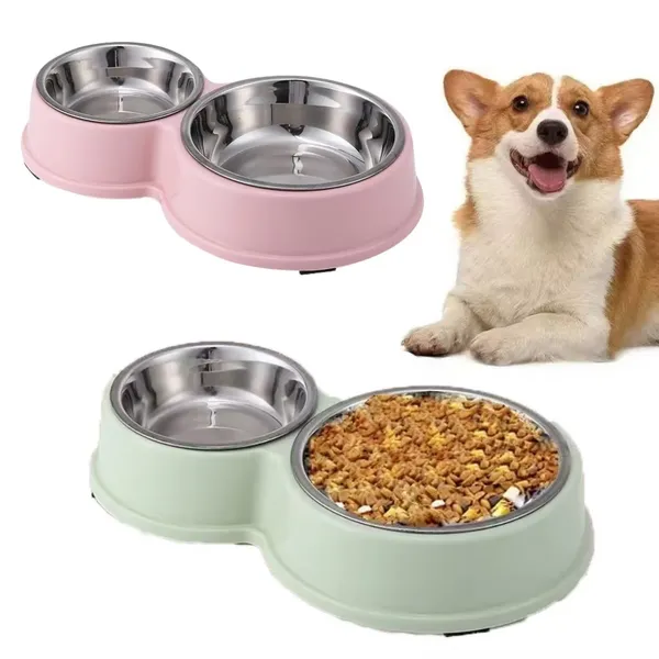Comedouro e bebedouro inox duplo para bicho de estimação, cachorro ou gatos, com antiderrapante