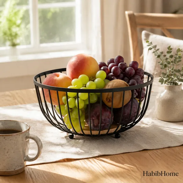 Fruteira ​Aramada Redonda Preta com Base de Bambu Organizador de Frutas para Cozinha Decorada