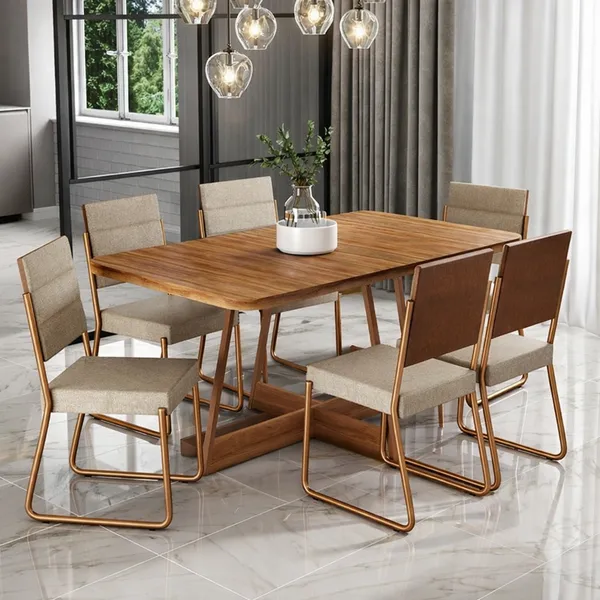 Conjunto Sala de Jantar 6 Cadeiras Charlotte Carraro Nogal com Rose