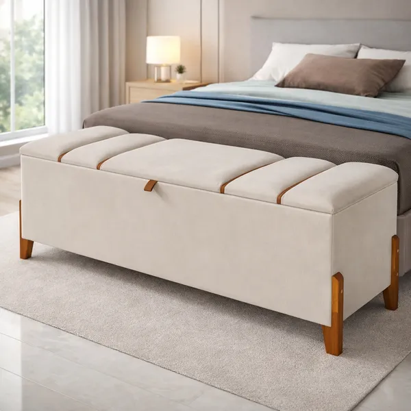 Recamier Baú Estofado Pé de Cama Casal Luxo Banco Roma 130cm Madeira Organizador Sofisticado