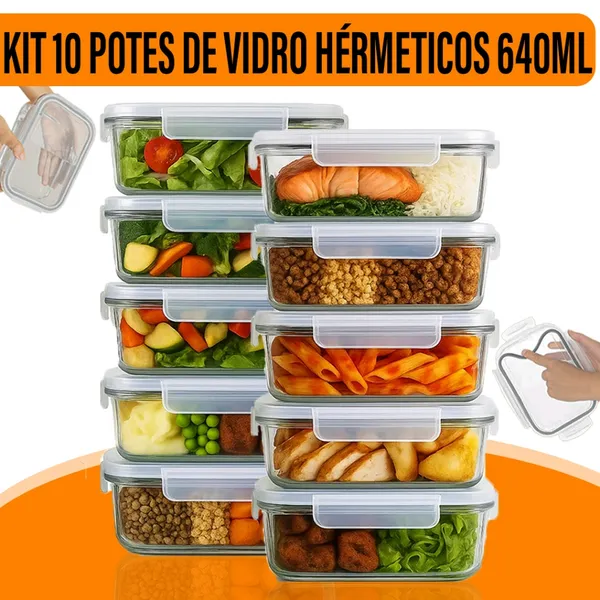 Kit Potes 640ml Marmita Vidro Yab Hermético Tampa Vedada Alimentos Freezer Borossilicato 2/3/5/10 pc