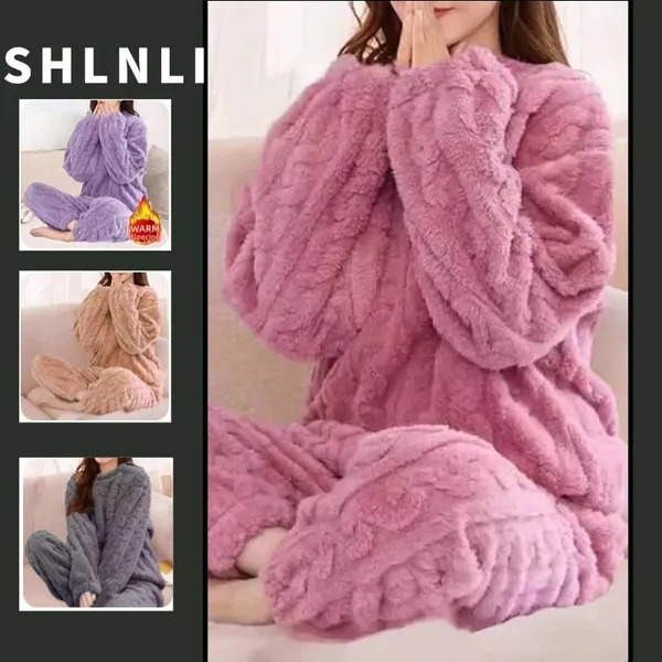 2 Peças/1 Conjunto Outono Inverno Solto Doce Casual Pijamas Feminino Grosso Lã Manga Longa Topo Casa Cintura Elástica Ca