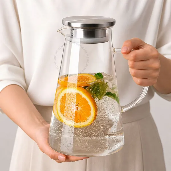 Jarra de Vidro Borossilicato 1,8L Transparente  Tampa Inox Resistente Suco Agua Geladeira Elegante Mesa Posta