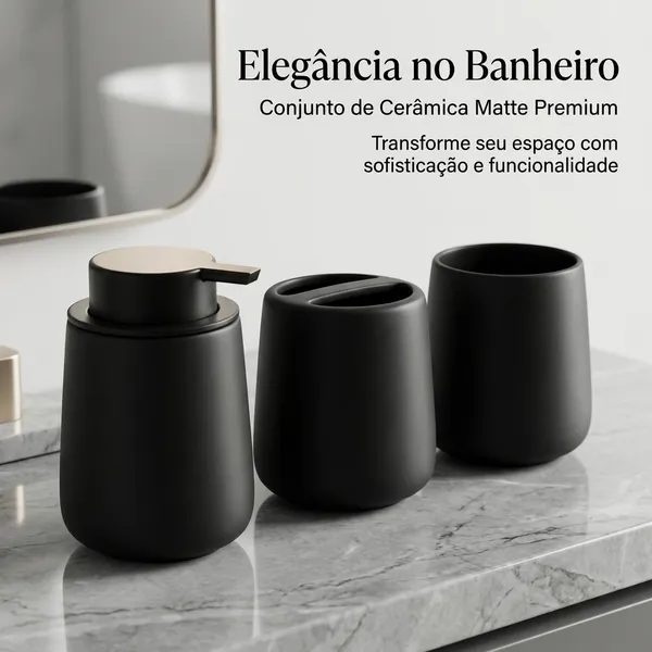Kit de Banheiro Cerâmica com 3 Peças Modelo Chic Preto Fosco