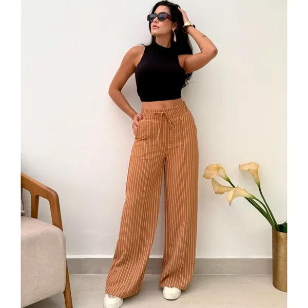 Calça Pantalona Feminina Listradas Com Bolso Cintura Alta