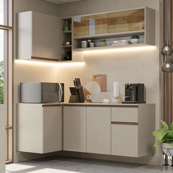 Armário de Cozinha Completa de Canto 265 cm Suspenso Crema Nice Madesa 04