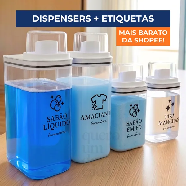 Dispensers Lavanderia 1,5L e 2,3L - Amaciante, Sabão em Pó, Sabão Líquido, Tira Manchas kit/individ