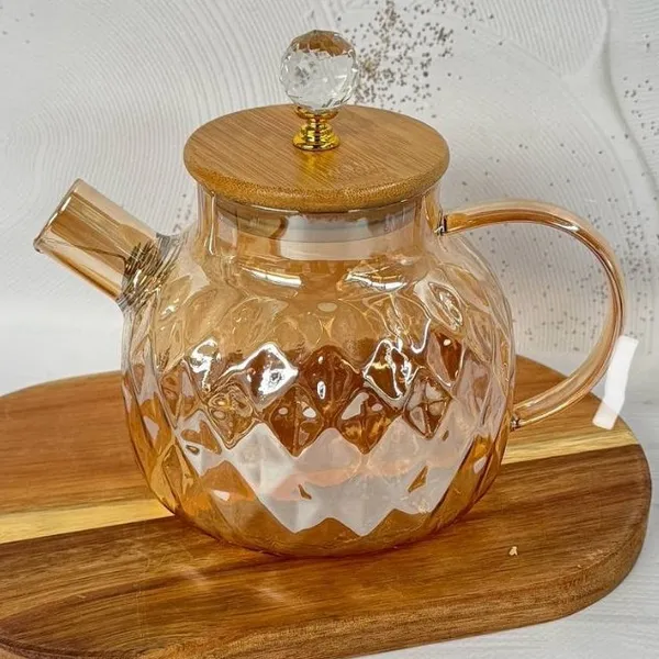Chaleira De Vidro Bule que vai ao fogo 1 Litro Com Tampa de Bambu natural Com Cristal Vai ao fogo