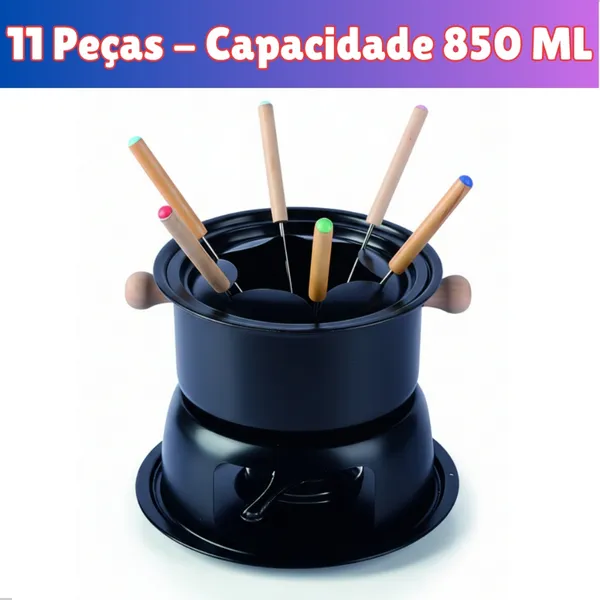 Aparelho de Fondue 11 Peças Aço Carbono com Garfinhos e Rechaud Queimador Para Queijo e Chocolate