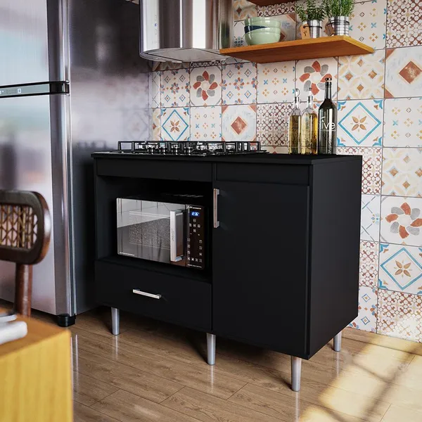 Balcão Para Cooktop Turim Preto 1,05m 5 Bocas 1 Nicho 1 Porta e Gaveta