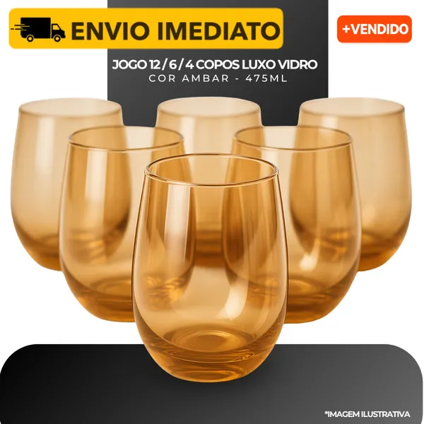 Jogo 12/6/4 Copos Vidro Ambar Metalizado Luxo 475ml Dourado - Resistente Aruba