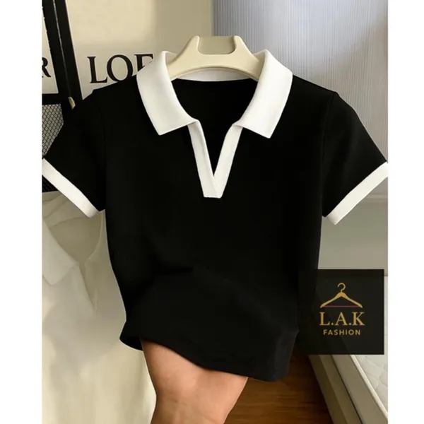 Blusa Polo Feminina Bicolor Manga Curta Ribana Premium Canelada Elegante