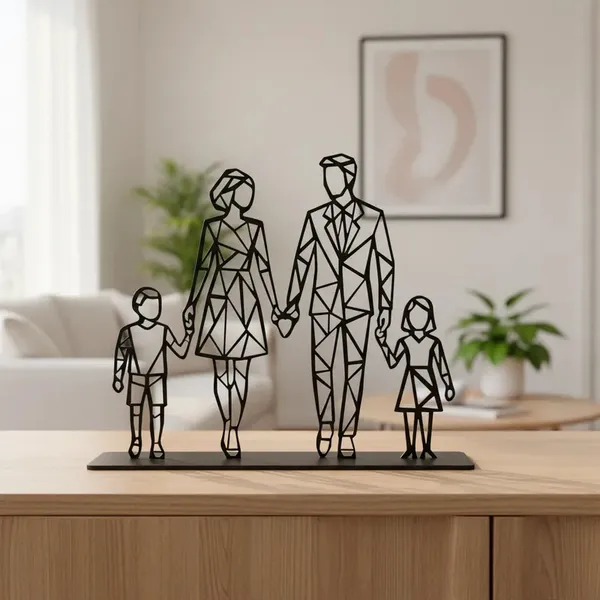 Família Geométrica em MDF Preto com Base Decoração Moderna Pai Mãe Filhos Estilo Minimalista