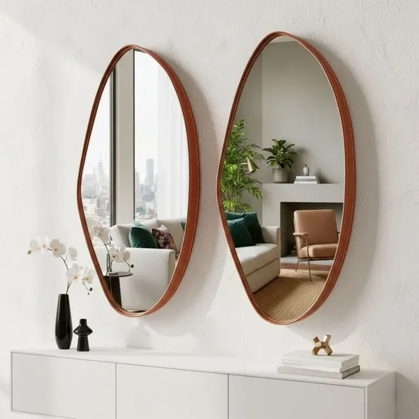 Kit 2 Espelhos Decorativos Orgânicos Com Moldura em Couro Caramelo | Acabamento Premium P/ Sala Hall