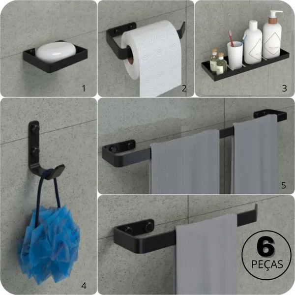 Kit Acessórios Para Banheiro Com Adesivo 6 Peças Preto Fosco