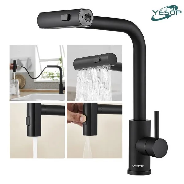 YESOP Torneira Cascata Cozinha Gourmet Monocomando ​Extensível Inox 304 Preto Fosco 3 Modos Com Ducha