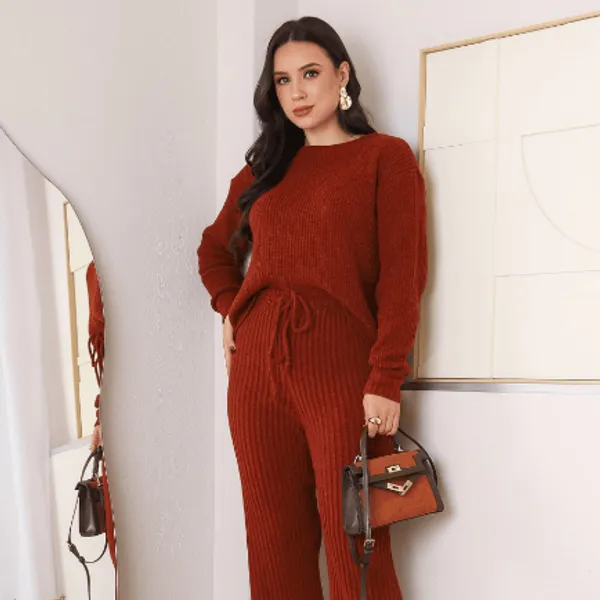 Conjunto Feminino Tricot Mousse Calça Wide Leg Pantalona e Blusa Cropped Tricô Aerolook