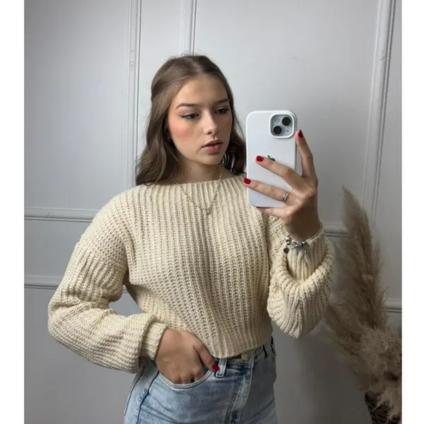 Cropped Feminino Blusa De Frio Blusas Mousse Ponto Fang Lançamentos Inverno Tricot Tricô Gola Canoa Manga Longa