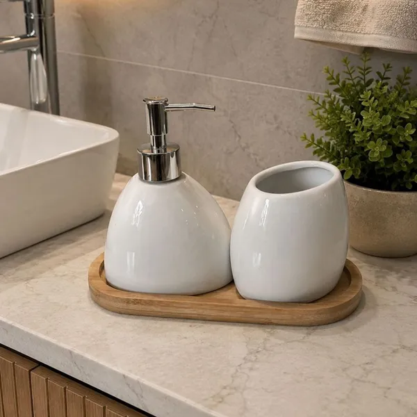 Kit Banheiro Lavabo 2 Peças + Bandeja de Bambu Porta Sabonete Líquido Suporte p/Escovas Em Cerâmica
