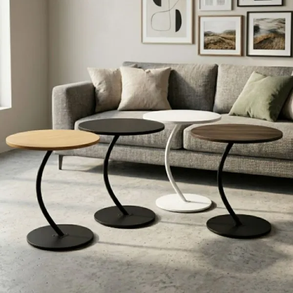 Mesa de Apoio ​Lateral Canto Redonda Decorativa - Ferro e MDF