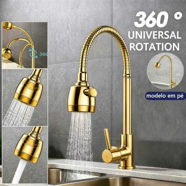 Torneira Cozinha bancada Inox Dourado - Flexível, Rotação 360°, Duplo Jato