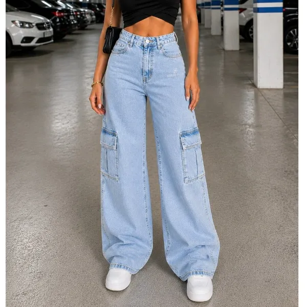Calça Wide Leg CARGO Jeans Feminina Cintura Alta pantalona