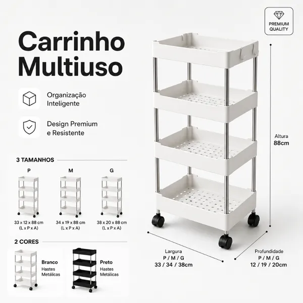 Carrinho Organizador Multiuso Com 4 Andares para Cozinha Banheiro Quarto Lavanderia P, M, G ou Kit 3