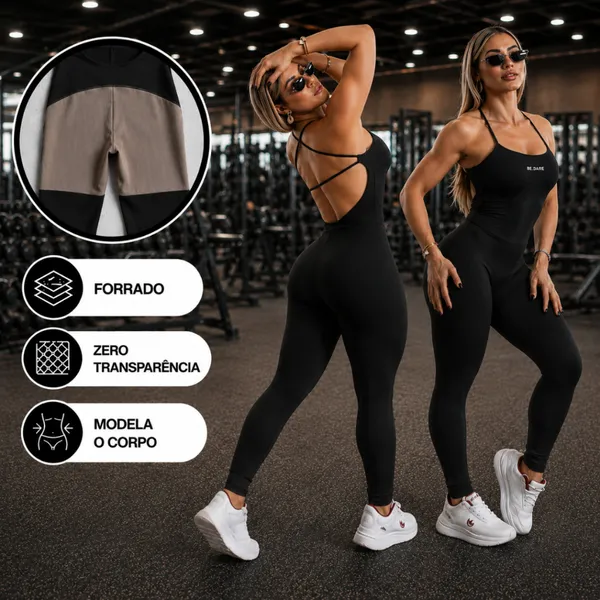 Macacão Academia Forrado Feminino Longo Fitness com Costas Abertas e de Alças Cruzadas em Suplex