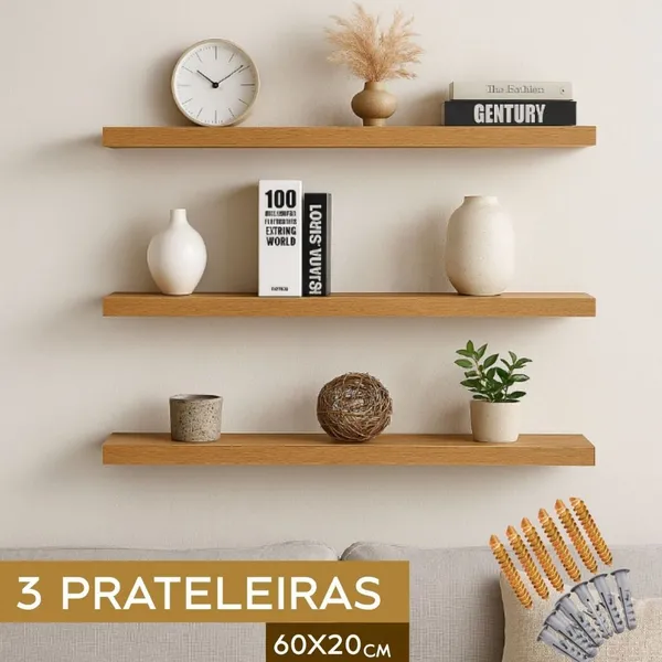 kit 3 Prateleira Louro Freijó 60x20cm porta livro para sala quarto ou diversos 100% mdf