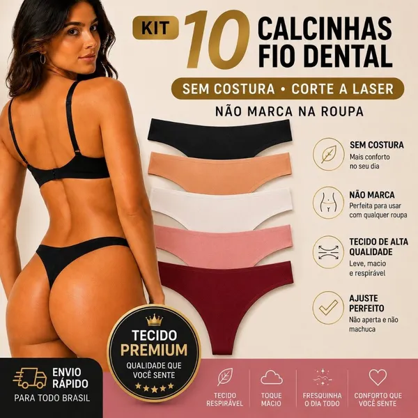 Kit 10 Calcinhas Fio Dental Sem Costura Não Marca Confortável Premium Corte Laser