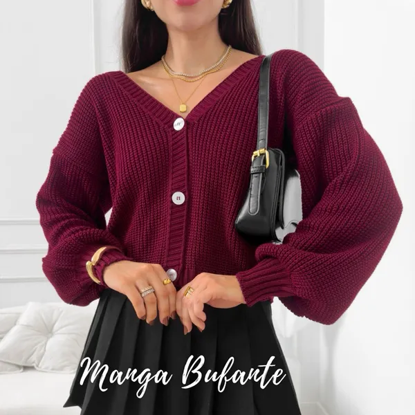 Casaco Tricô Premium Manga Bufante Cardigan Feminino Elegante Tricô Grosso Inverno Encorpado