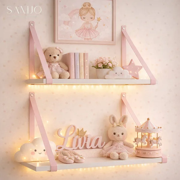 Prateleira 45x15 – Kit com 2 Unidades, Alça em Couro Ecológico Rosa, Decorar, Organizar Quarto Bebê