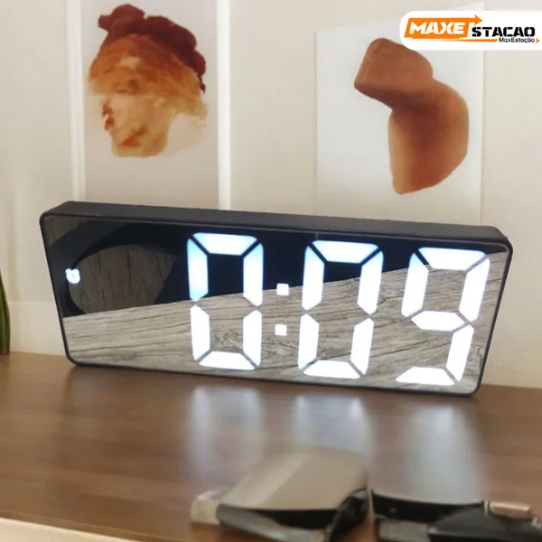 Relógio Despertador Digital Preto com Sensor de Temperatura e Alarme