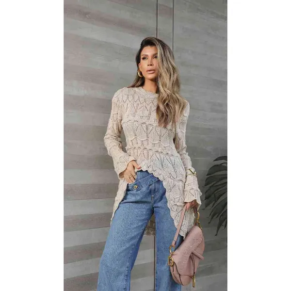 Blusa De Frio Feminina Rendada Tricot Mullet Boho Chic Gola Redonda Com Babado Outono Inverno