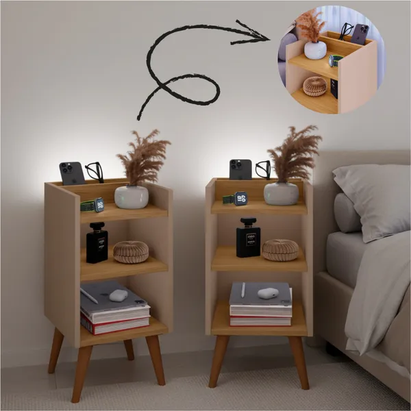 Kit com 2 Mesa de Cabeceira Nicho Organizador, pés retrô em PVC e Porta-Celular Max
