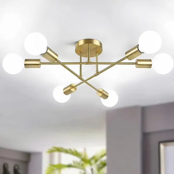 Lustre moderno semi-embutido, iluminação nórdica antiga dourada, adequado para sala de estar, sala de jantar