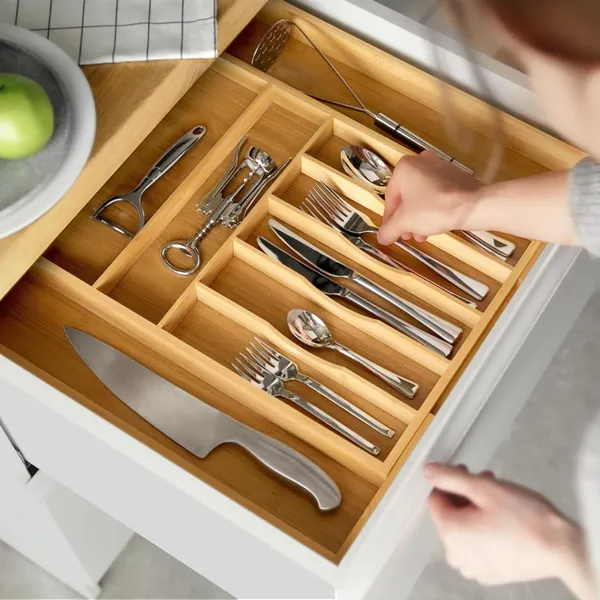 Organizador De Talheres Gaveta Bambu Extensível 7 Divisórias