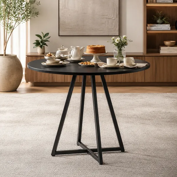 Mesa de Jantar Redonda Requinte 90cm Estilo Industrial Tampo MDF com Base em Aço  Resistente Moderno