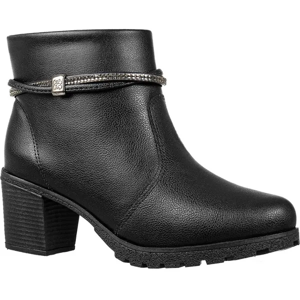 Bota Feminina GiGiL Salto Grosso Baixo Cano Curto Tiras Abauladas Strass Zíper Macio Blogueira