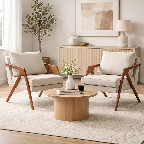 Kit 2 Poltrona Decorativa Conjunto Mona Luxo Sala Recepção Escritório Pés Madeira Em Maciça Linho Bege