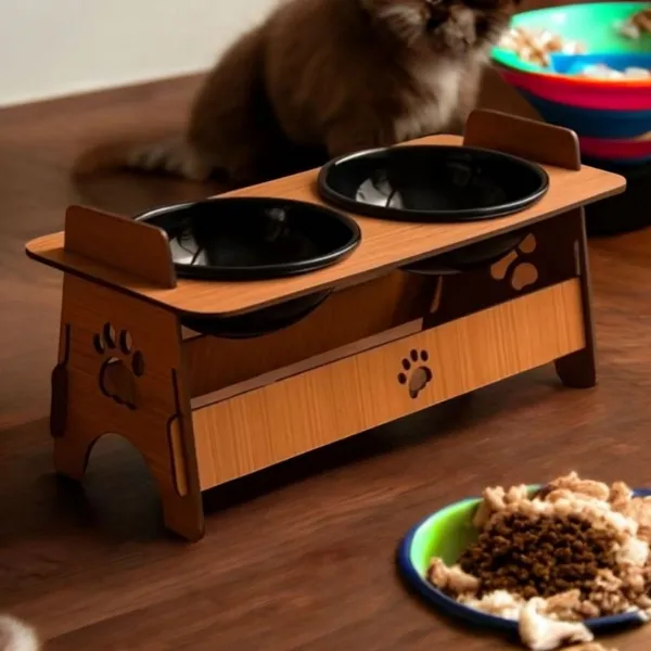 Comedouro Elevado em MDF para Cachorro e Gato – Design com Patinhas