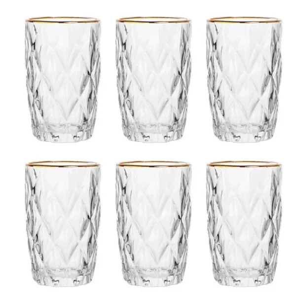 Jogo  Com 6 Copos Diamond Borda Dourada Transparente 340ml